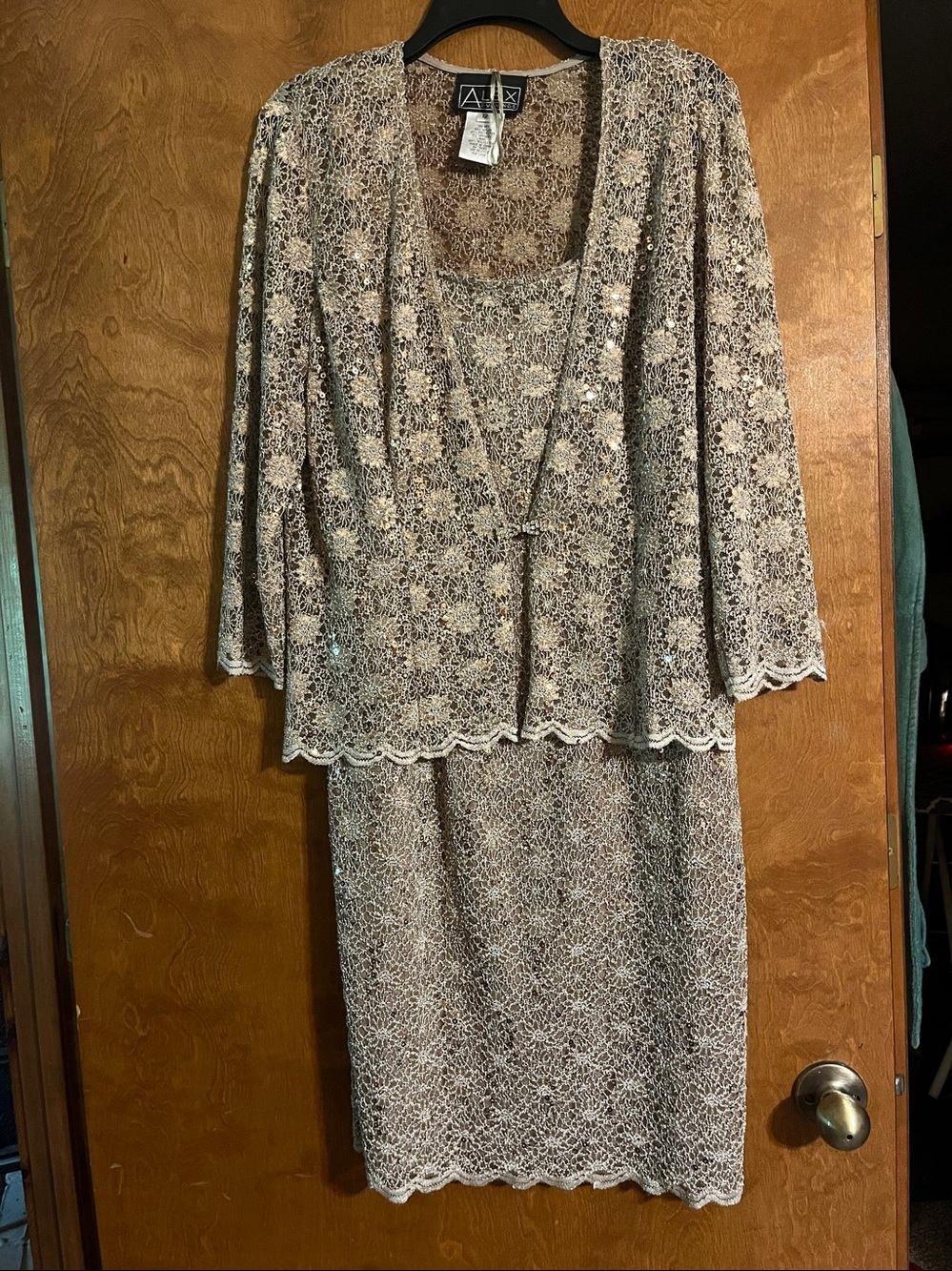 Alex Evenings Beige Lace Two-Piece Long Sleeve Dress Set